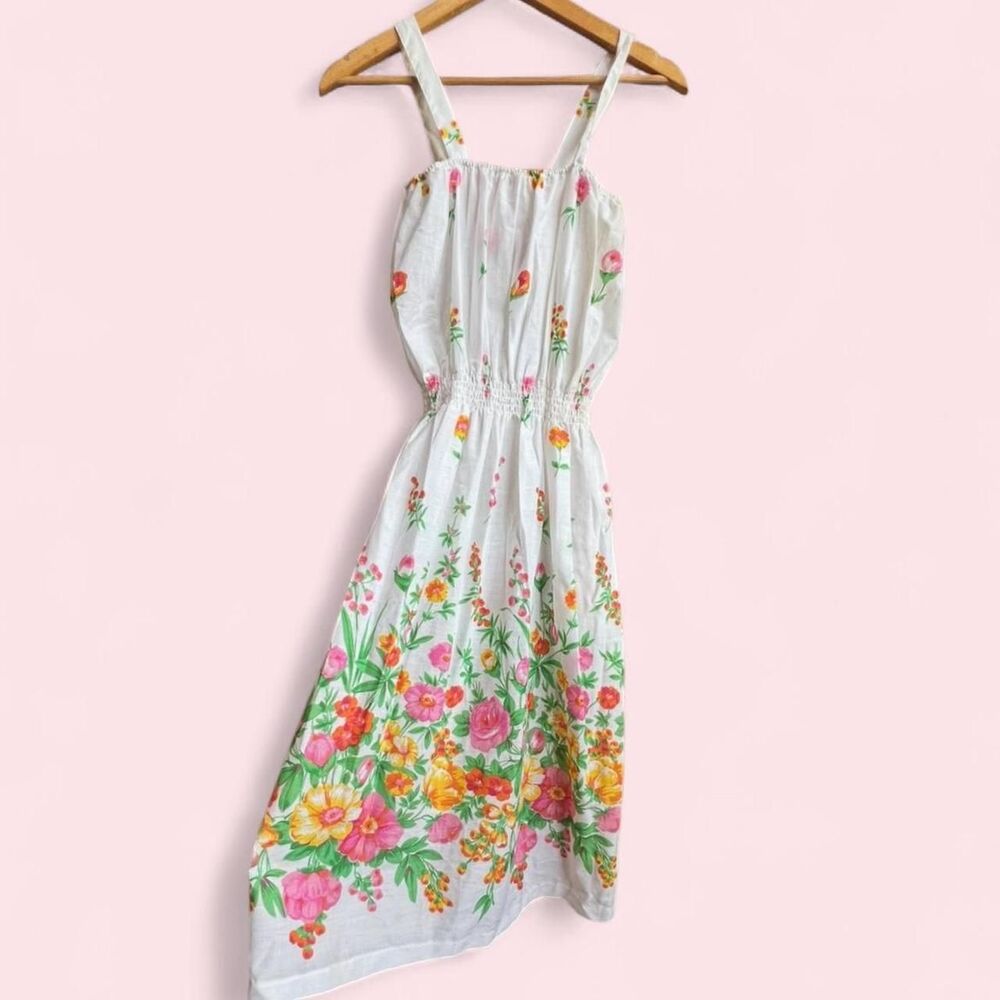 RARE late 70’s/80’s “Sears” white cotton- blend bright garden floral, maxi dress - Picture 4 of 8